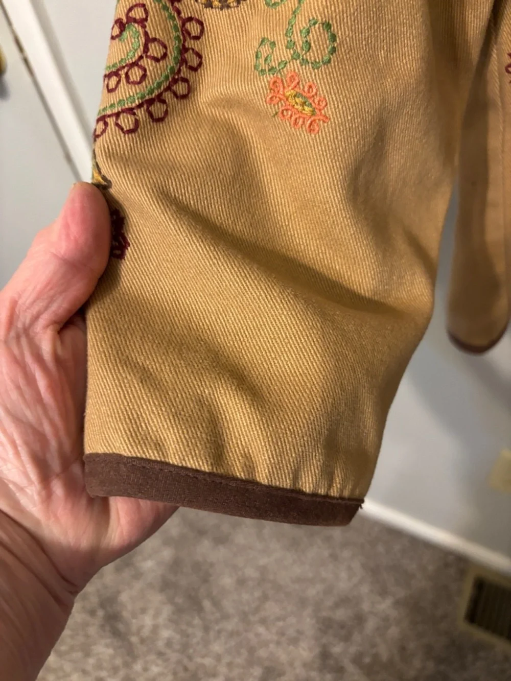 Denim & Co. Embroidered Tan Jacket with Brown Trim - Picture 6 of 13